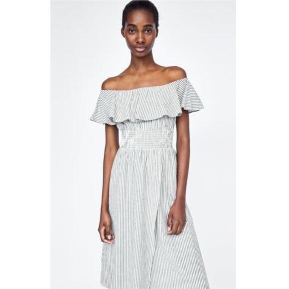 Zara Pinstripe Seersucker Off Shoulder Midi Dress - Picture 2 of 5